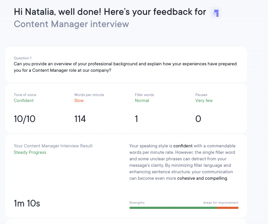 Screenshot summarizing interview feedback responses